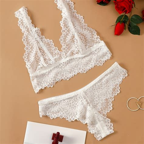 Floral Lace Bra Panties Sheer Unlined Bra Elastic Panties Lingerie Set
