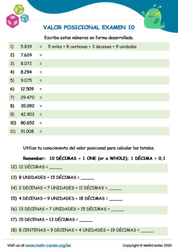 Valor Posicional Examen Pruebas Math Center