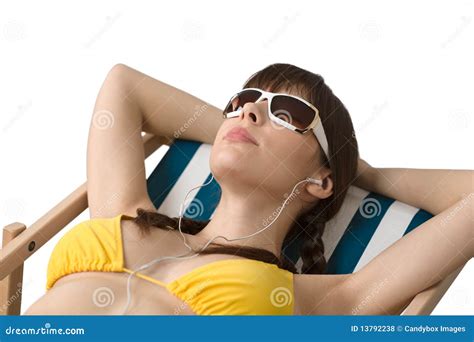 Beach Woman Listen To Music In Bikini Stock Photo Image Of Sunglasses Brunette
