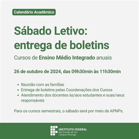 Sábado letivo do dia 26 de outubro tem entrega de boletins no Ensino ...