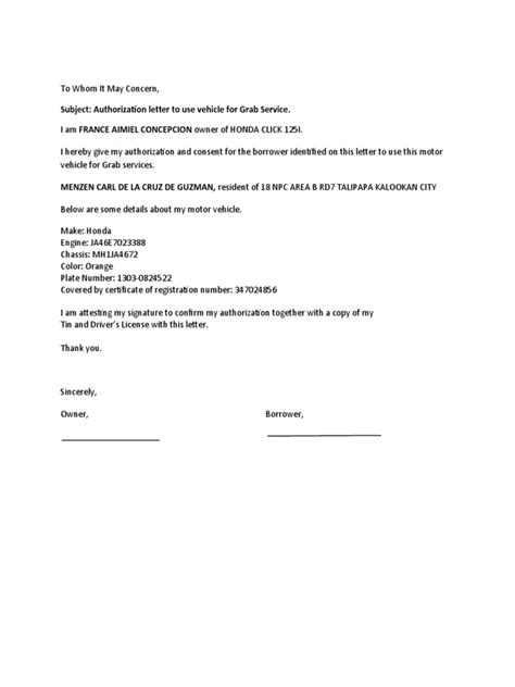 Grab Authorization Letter Pdf