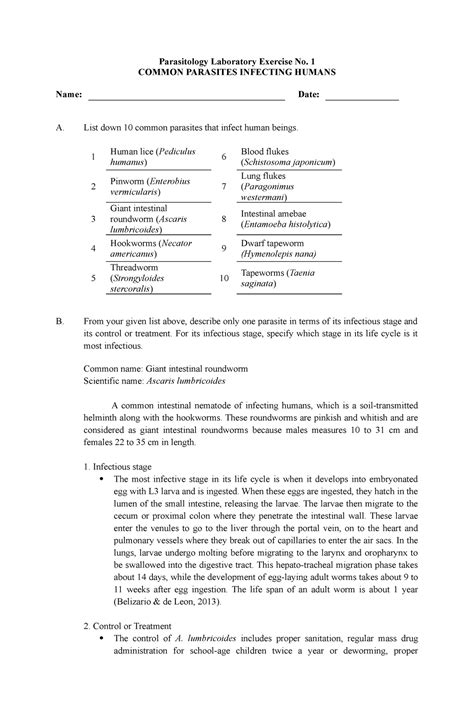 PARASITOLOGY LAB1 Parasitology Laboratory Exercise No 1 COMMON