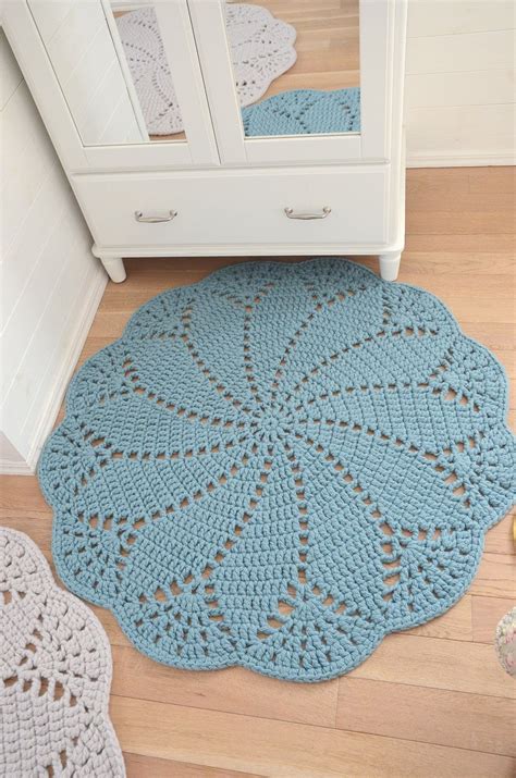 Light Blue Round Crochet Doily Rug Wool Felt Oversized Boho Etsy