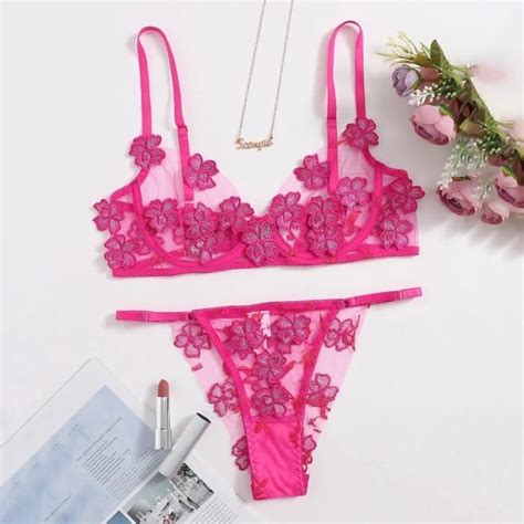 String Sexy Fleurs Broderie Bralette Dentelle Soutien Gorge Bustier Lingerie String E9 Rose Vif