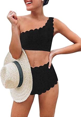 Amazon Aleumdr Womens Vintage High Waisted Two Pieces Scalloped Trim One Shoulder Bikini