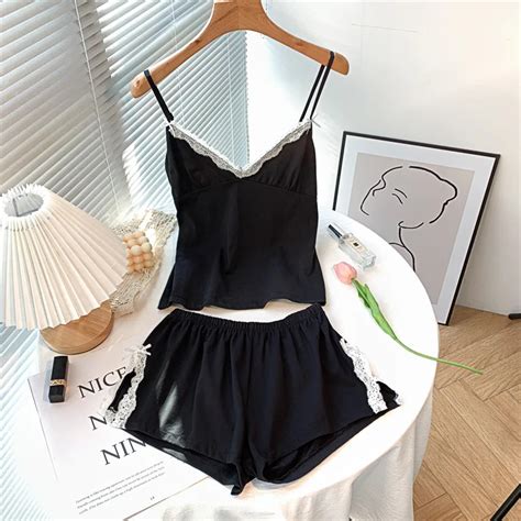 Fato De Pijama De Cetim Decote Em V Feminino Renda Babydoll Lingerie Sexy Pijama Bowknot