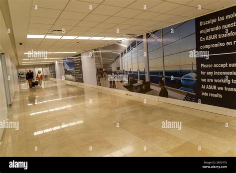 Passengers Walking Alomg Corridor Inside Merida Airport Mexico Stock