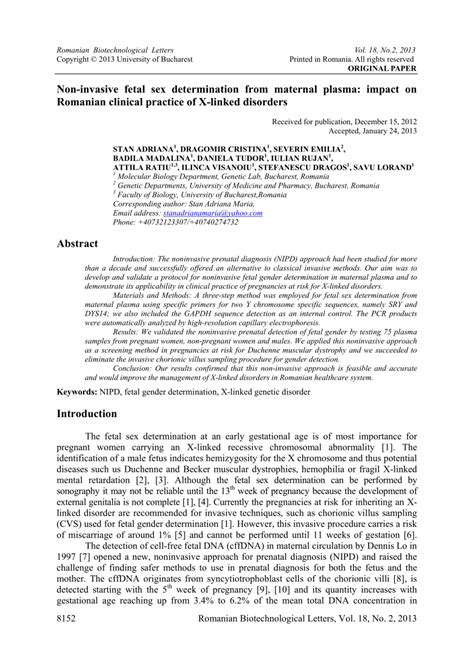Pdf Non Invasive Fetal Sex Determination From Maternal Plasma Impact On Romanian Clinical