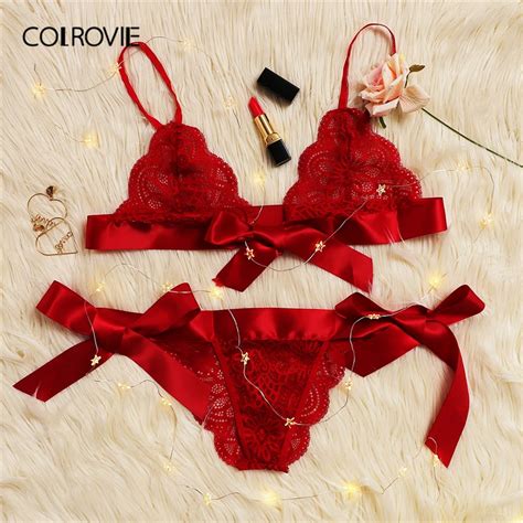 Sale Colrovie Red Christmas Scalloped Trim Tie Side Sexy Lingerie Set Wireless Ribbon