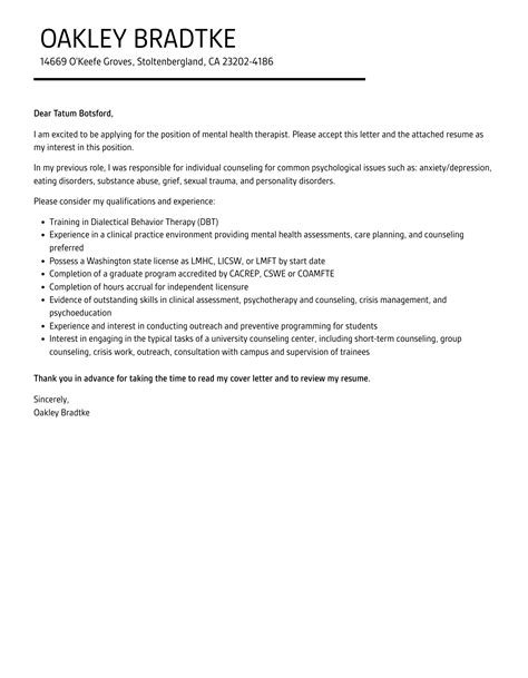 Mental Health Therapist Cover Letter Velvet Jobs