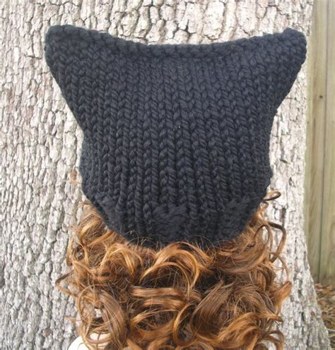 Black Cat Hat Black Pussyhat Black Pussy Hat Chunky Knit Hat Etsy