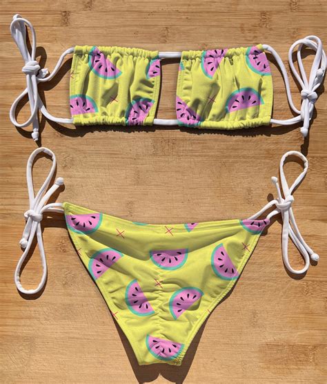 Swimwear Scrunch Butt Tie Side Square Top Bikini Set Watermelons Thong Cheeky Full
