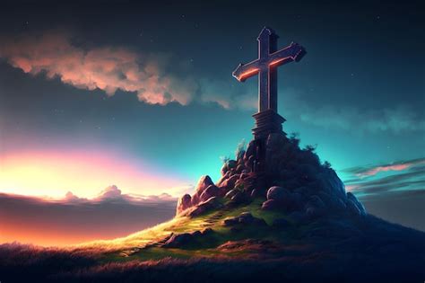 Premium Photo | Shining cross on calvary hill golgotha blue sky sunset ...