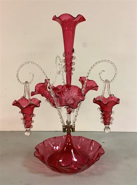 Lot Victorian Cranberry Glass Epergne Vase Measuring High With