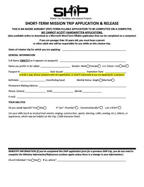 Fillable Online Shipinternational Short Term Mission Trip Application