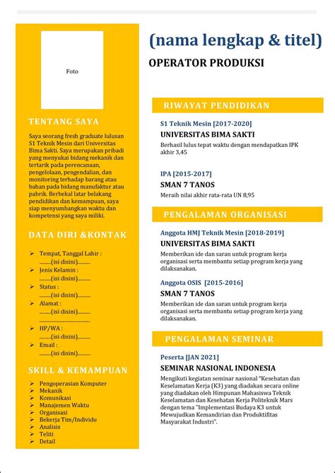 Contoh Curriculum Vitae (CV) Operator Produksi (Fresh Graduate) - Tanpakoma