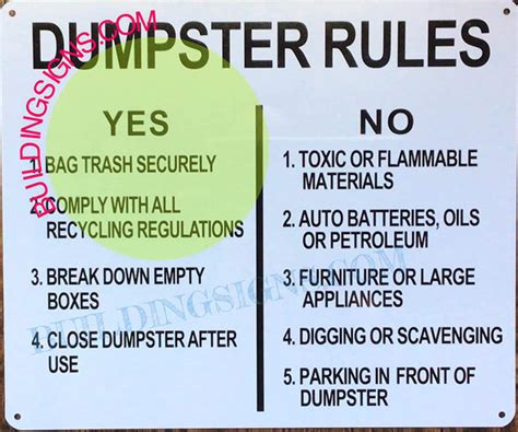 Dumpster Rules Sign 10x12 White Background Aluminum Ref15822 Hpdsigns Nyc