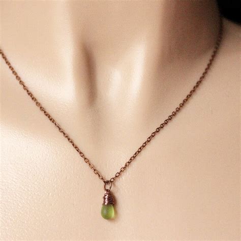 Frosted Green Teardrop Necklace Copper Necklace Teardrop Etsy