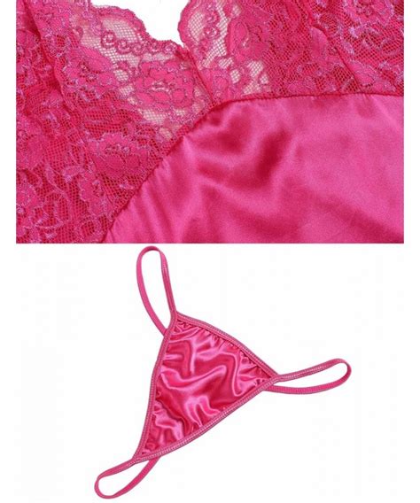 Women V Neck Irregular Nightwear Lace Babydoll Sexy Lingerie Set Rose Red C S Da