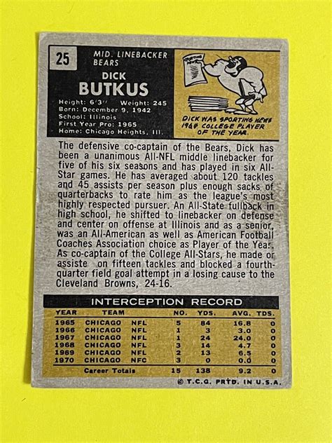 Topps Dick Butkus Bears Vg Ex Off Center Ebay