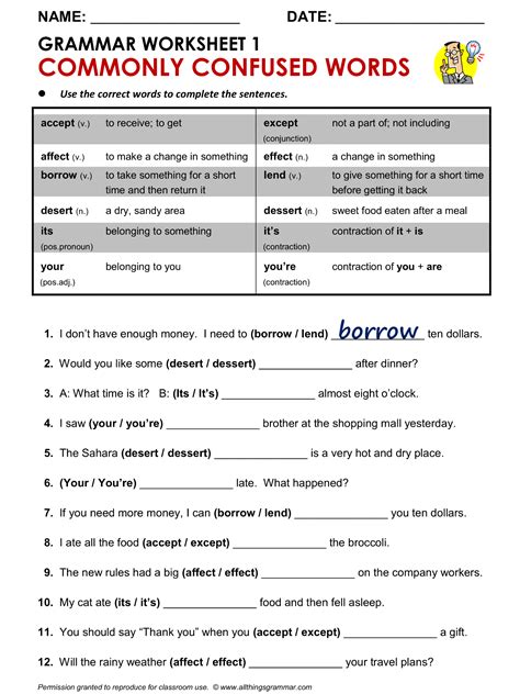 Commonly Confused Words Worksheet Practice