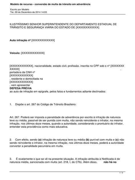 Modelo De Recurso Conversao De Multa De Transito Em Advertencia Pdf Crime E Violência