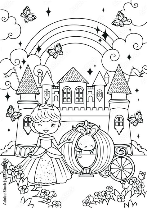 Cute princess and bunny in the magic castle coloring pages. Kids coloring book. Stock Vector ...