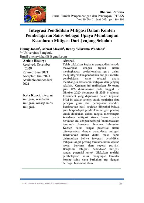 Pdf Integrasi Pendidikan Mitigasi Dalam Konten Pembelajaran Sains