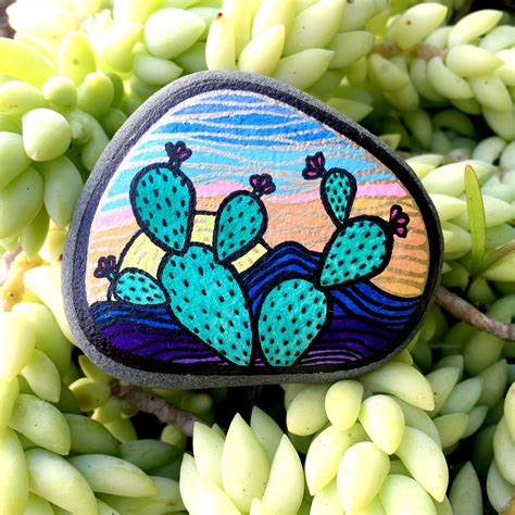 Prickly Pear Sunset Hand Painted Cactus Themed Stone Painted Rocks