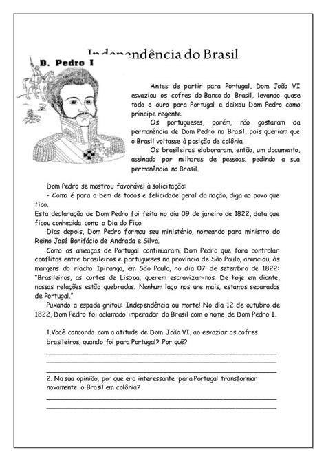 Texto A Independencia Do Brasil - Texto e atividades sobre Independência do Brasil.
