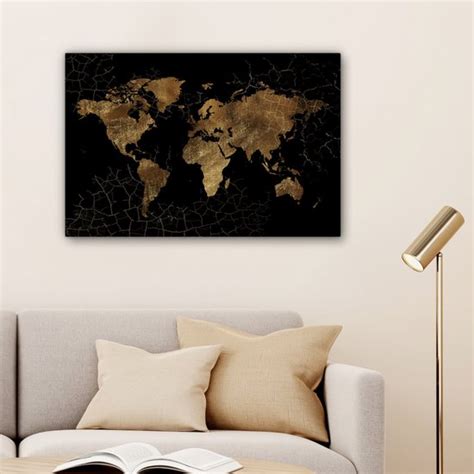 Canvas Wereldkaart 90x60 Wanddecoratie Wereldkaart Marmer Goud