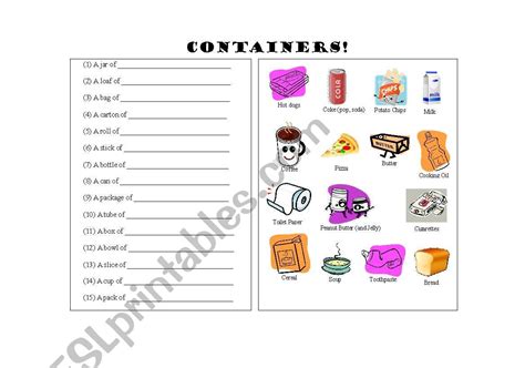 Containers Esl Worksheet By Klukes