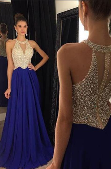 Royal Blue Celebrity Dresses Prom Gowns Halter V Neckline Floor Length