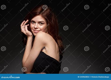 Portrait Of A Woman Makeup Posing Naked Shoulders Hairstyle Dark Background Stock Image Image
