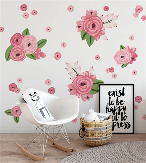 Bright Pink Graphic Flowers Floral Wall Decals Nursery Wall Decals