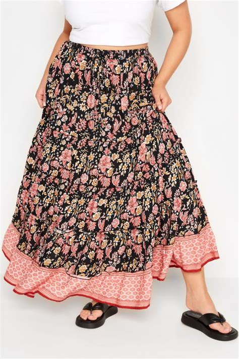 Plus Size Black Floral Tiered Gypsy Maxi Skirt Yours Clothing