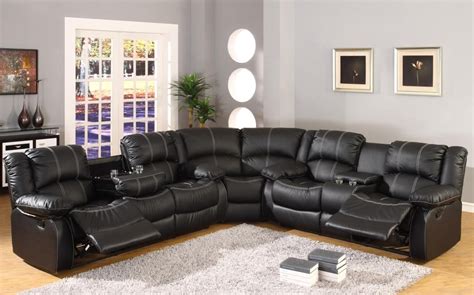 Black Faux Leather Reclining Motion Sectional Sofa W Storage Console