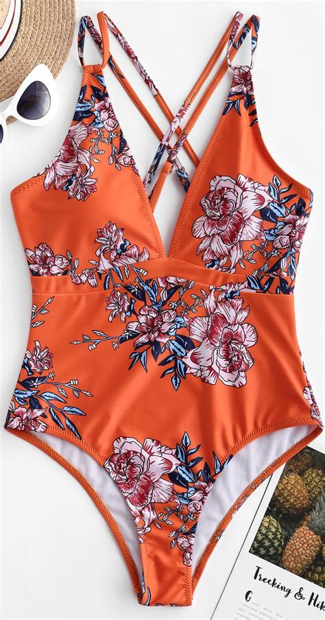 Zaful Dual Strap Crisscross Floral One Piece Swimsuit Floral One