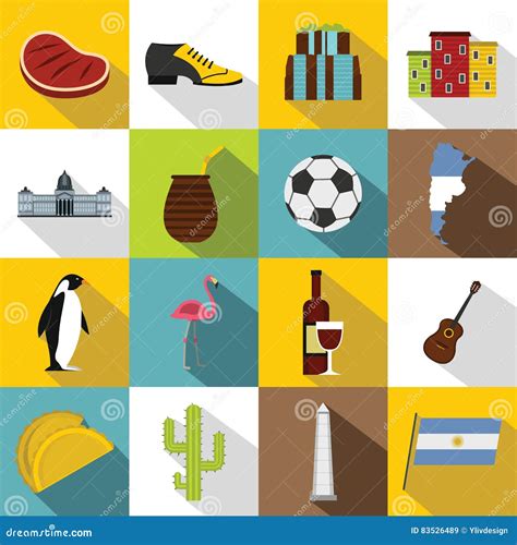 Argentina Travel Items Icons Set, Flat Style Stock Vector
