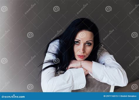 Portrait Of A Brunette Woman In A White Shirt Stock Image Image Of Adult Beautiful 297116515