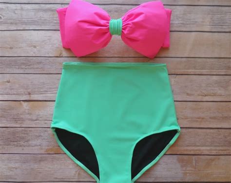 Bow Bandeau Bikini Vintage Style High Waisted Pin Up Etsy