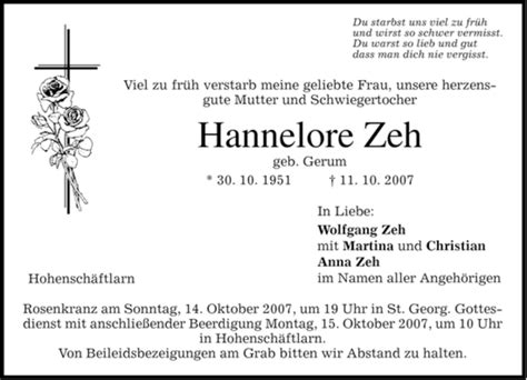 Trauer Und Todesanzeigen Von Hannelore Zeh Trauer De