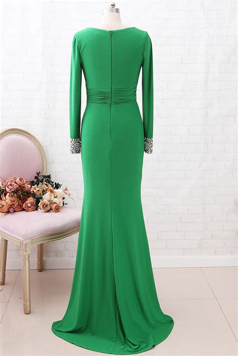 Macloth Long Sleeves V Neck Jersey Long Mother Of The Brides Dress Gre