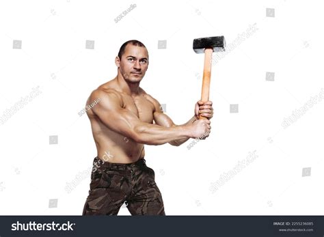 Strong Man Naked Torso Holds Sledgehammer Stock Photo 2255236085 Shutterstock