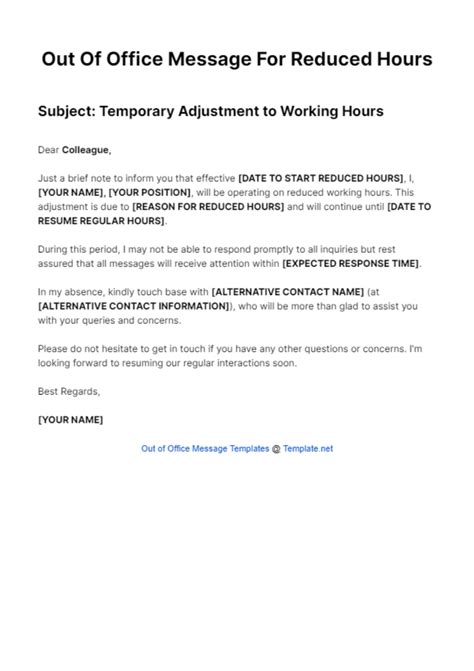 Free Out Of Office Message For Reduced Hours Template to Edit Online