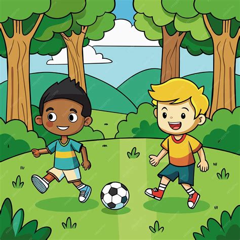 Premium Vector Two Boys Playing Soccer In A Park With Trees And A