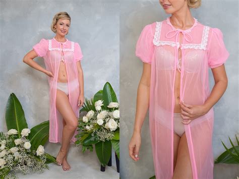 Vintage S Pink Sheer Lace Peignoir Robe Lingerie Bridal Boudoir Maxi Slip Dress Small Medium