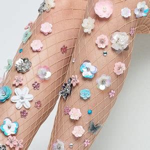Nude Fishnet Heavily Decorated Handmade Flower Sequins Rhinestone Crystals And Beads Embellished