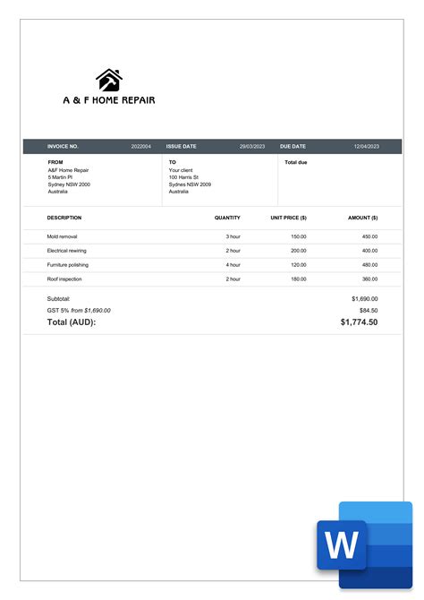 Free Construction Invoice Templates In Word Billdu