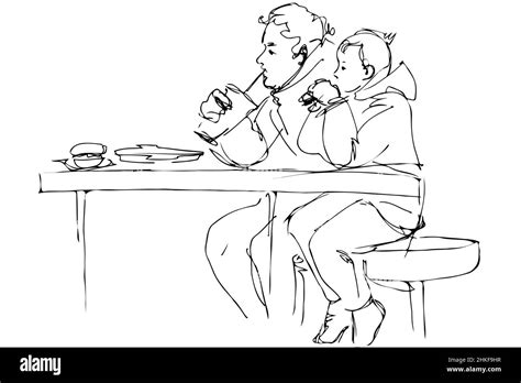 black  white vector sketch father  son   table   cafe